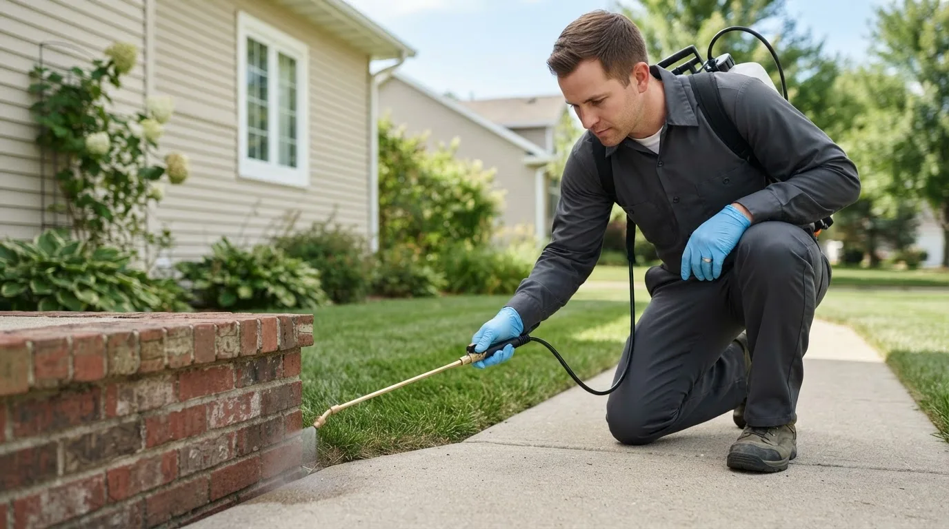 Pest control technician treating a home near Hardinsburg, IN